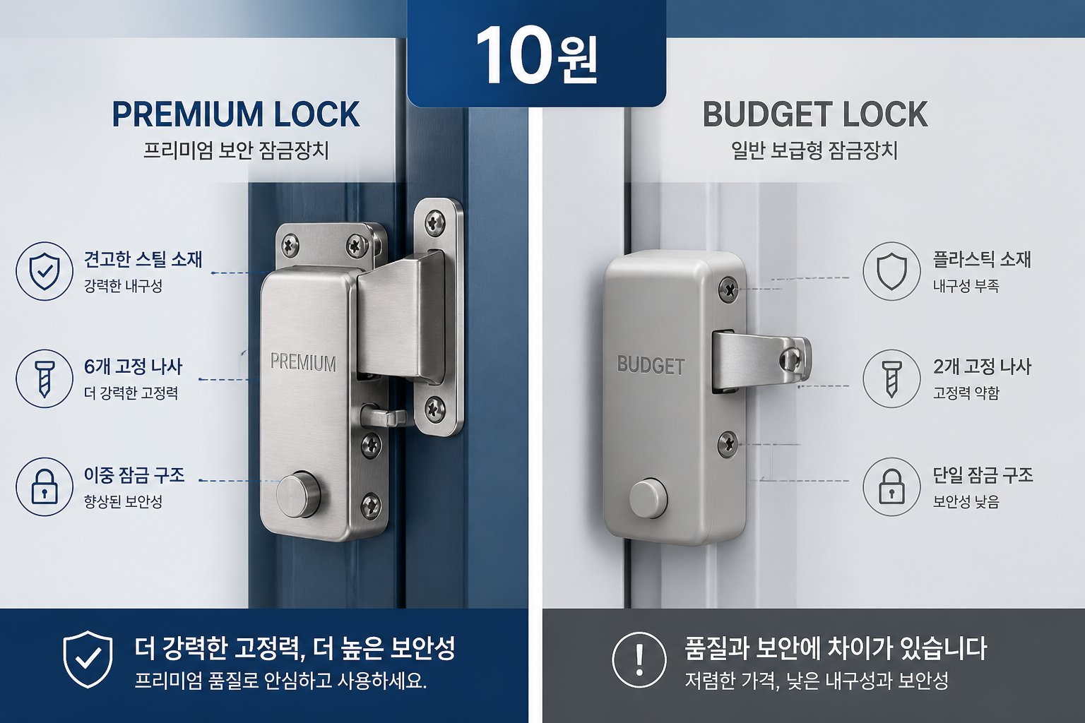같은 10만원 예산의 고급 vs 저급 문 잠금장치 비교