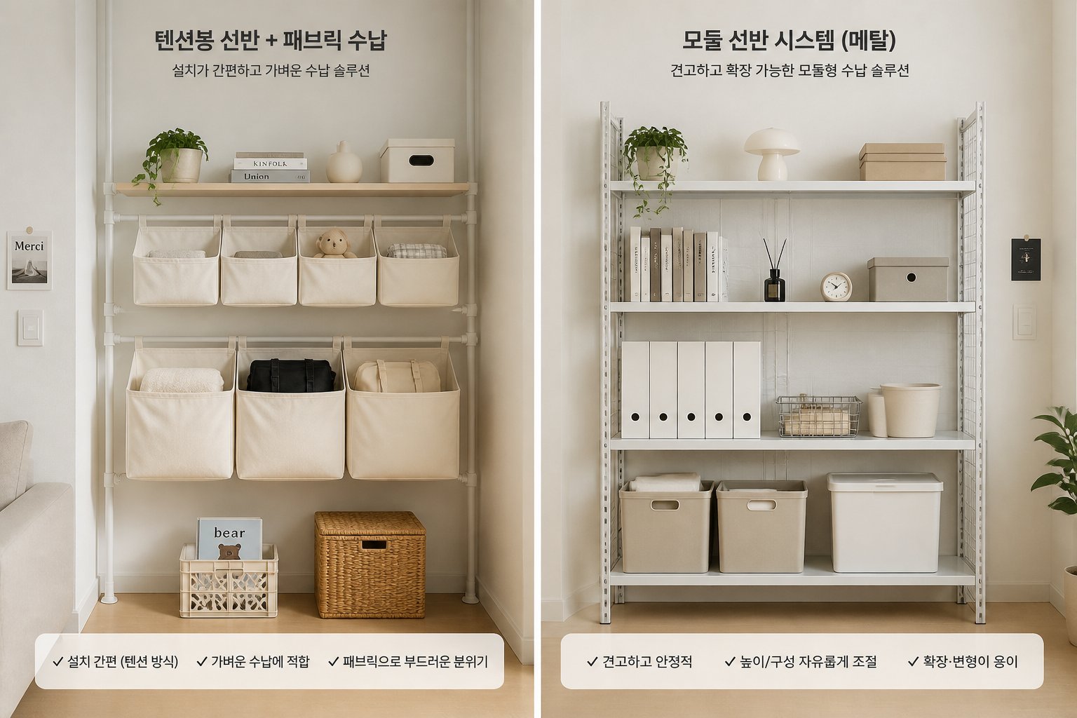 압축봉 방식과 시스템랙 방식의 설치 모습을 나란히 비교한 이미지