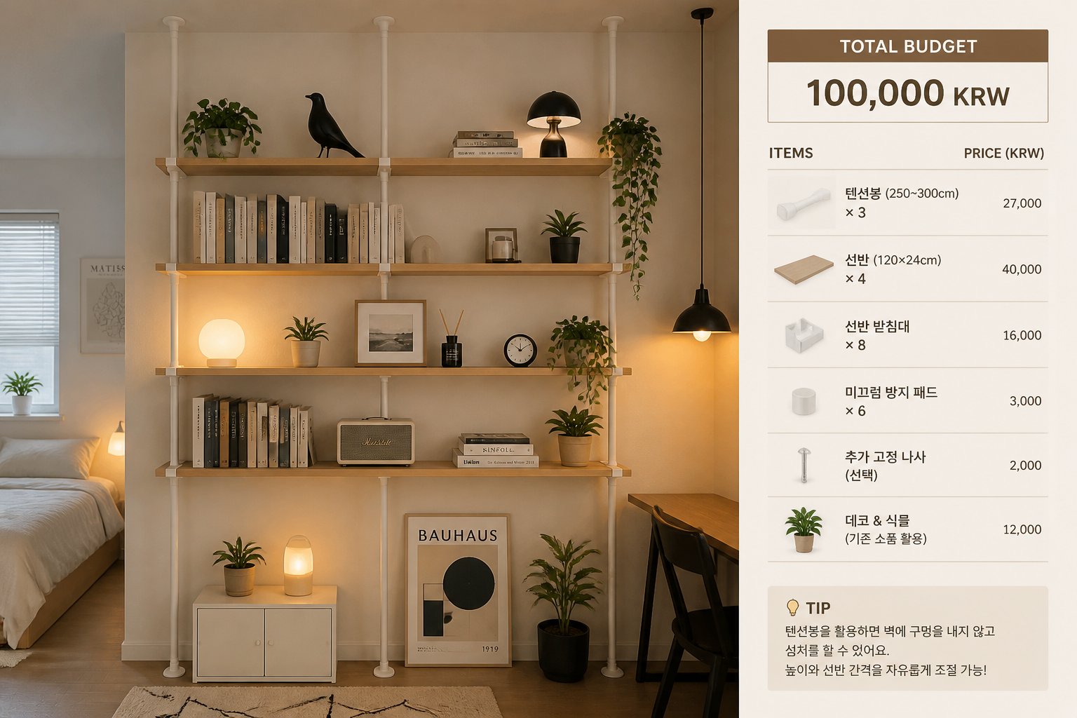 10만원 예산으로 설치한 완성된 벽선반의 사례