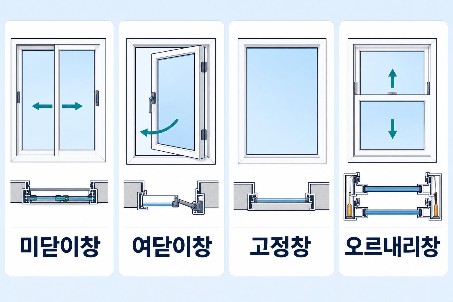 슬라이딩, 여닫이, 고정, 상하목 4가지 창문 구조를 나란히 표시한 다이어그램