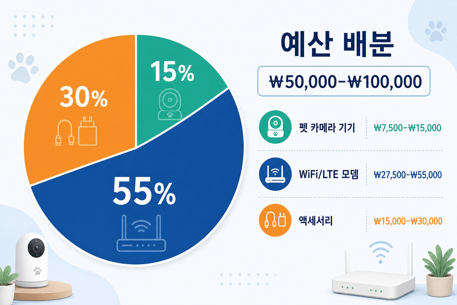 5~10만원 예산을 카메라, 통신 기기, 기타 용품으로 배분하는 구성 비율