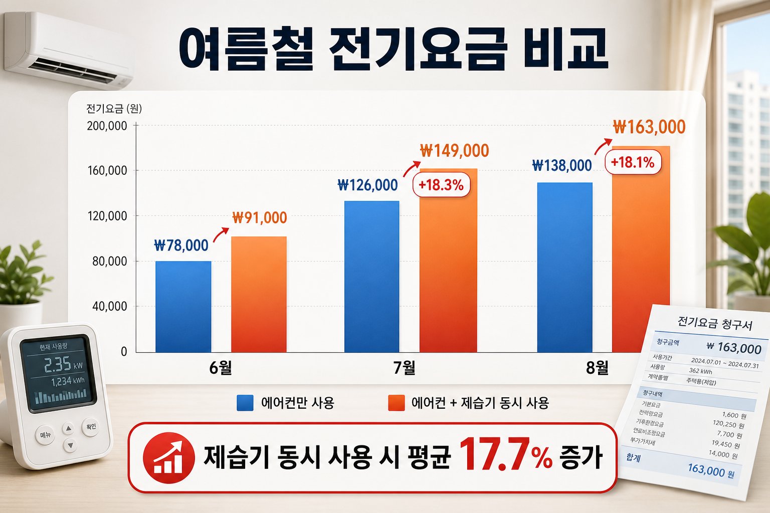 에어컨 단독 사용과 에어컨·제습기 동시 사용 요금 비교 차트