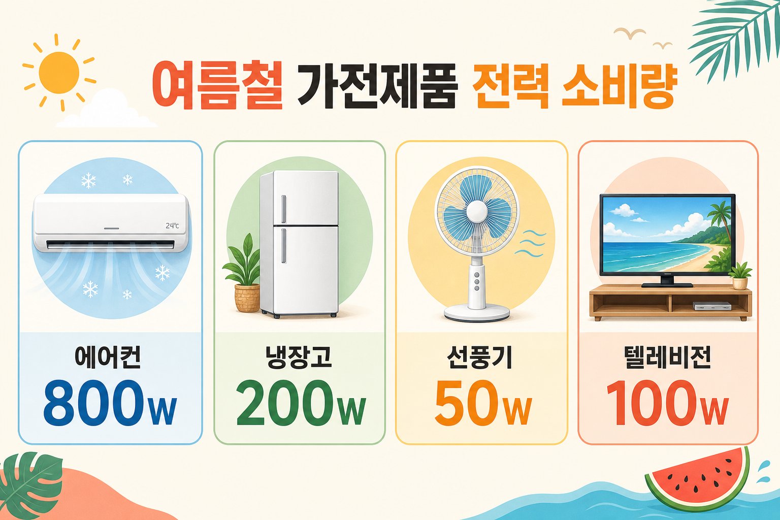 에어컨, 냉장고, 선풍기, TV의 전력 소비량을 시각적으로 보여주는 인포그래픽