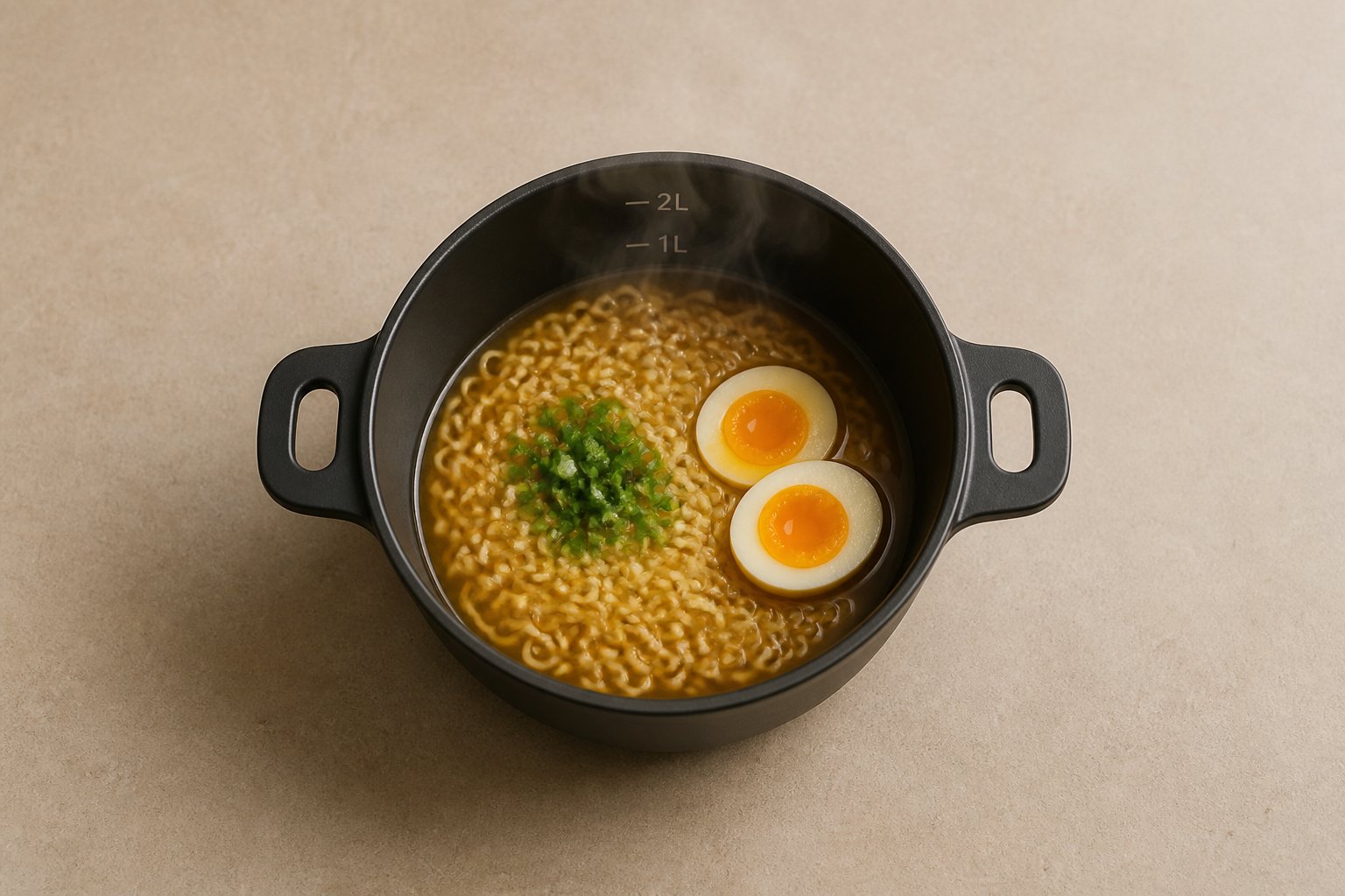 1인분 라면과 계란 조리 장면 (용량 표시 포함)