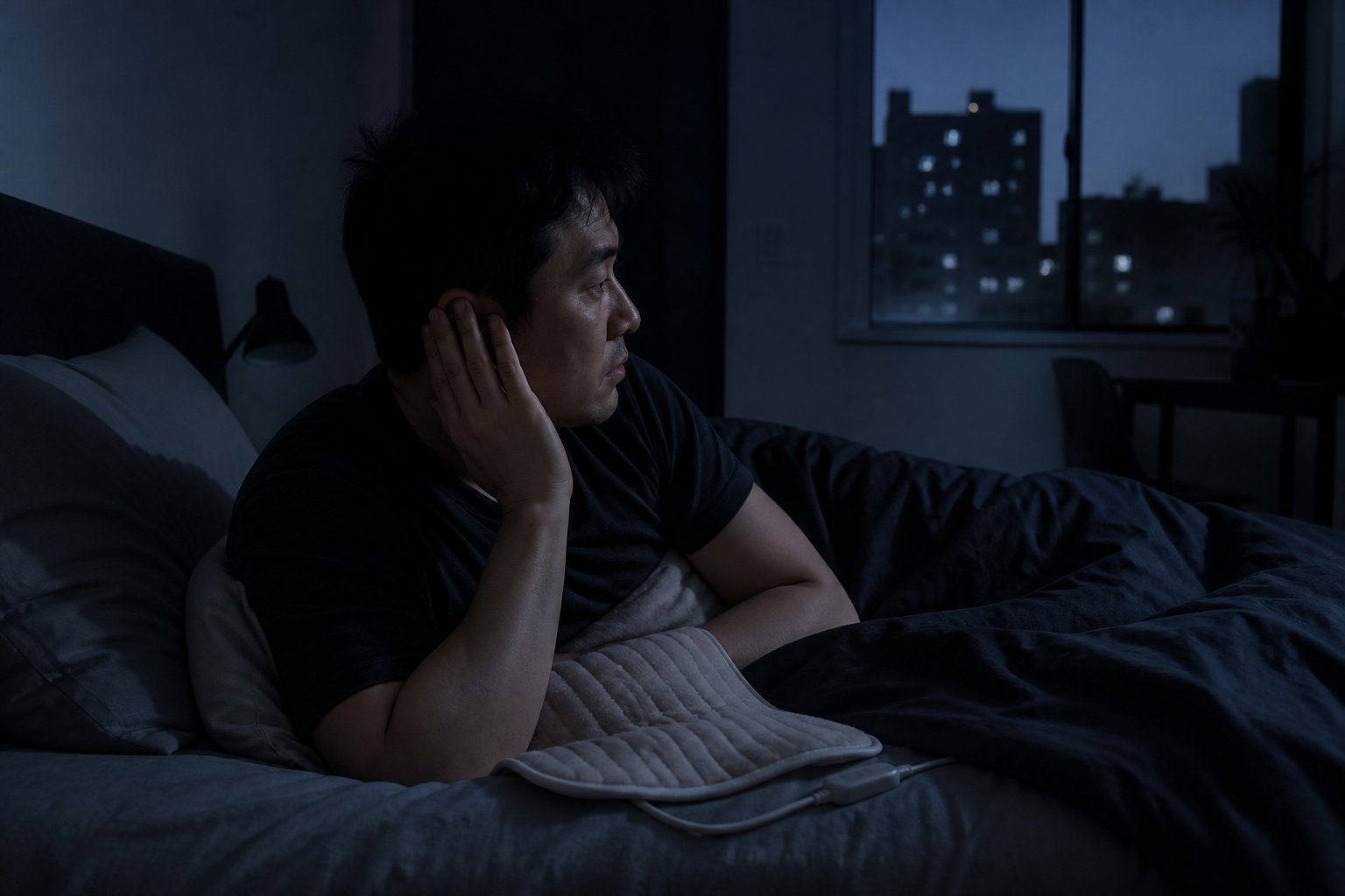 밤 중에 조용한 침실에서 온수매트의 소음을 귀 기울여 확인하는 사람의 모습