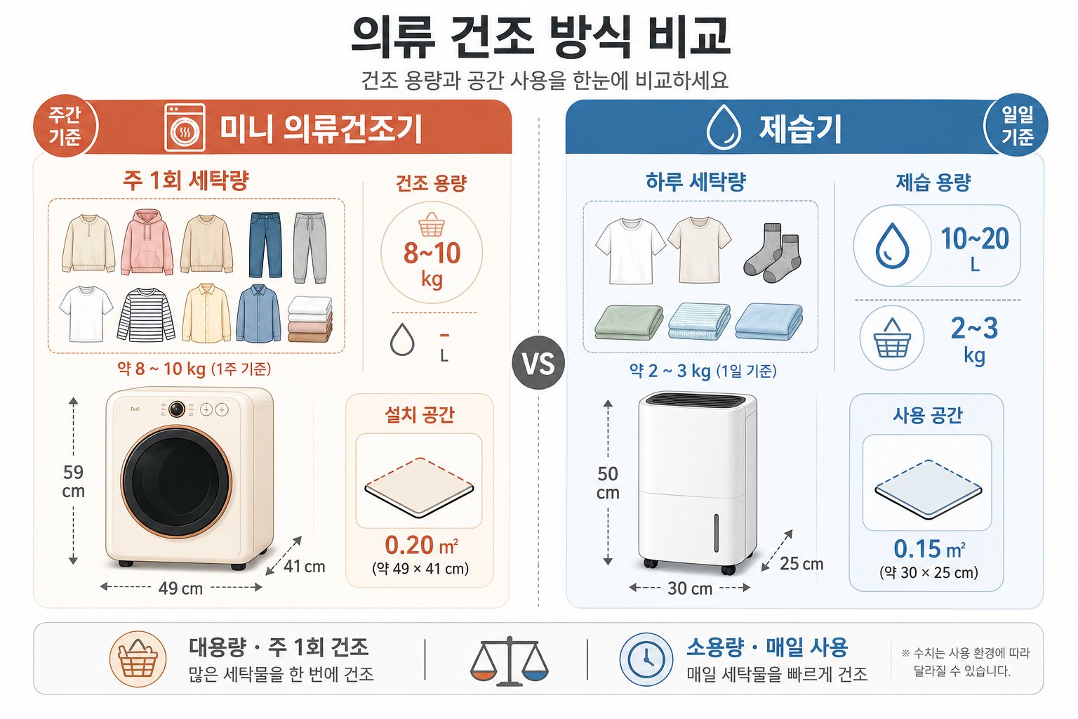미니건조기와 제습기의 빨래량과 설치 공간 비교 인포그래픽