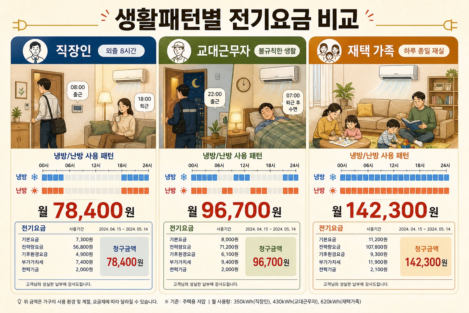 직업과 생활 패턴에 따른 에어컨 사용 시간과 월 전기세를 비교하는 인포그래픽