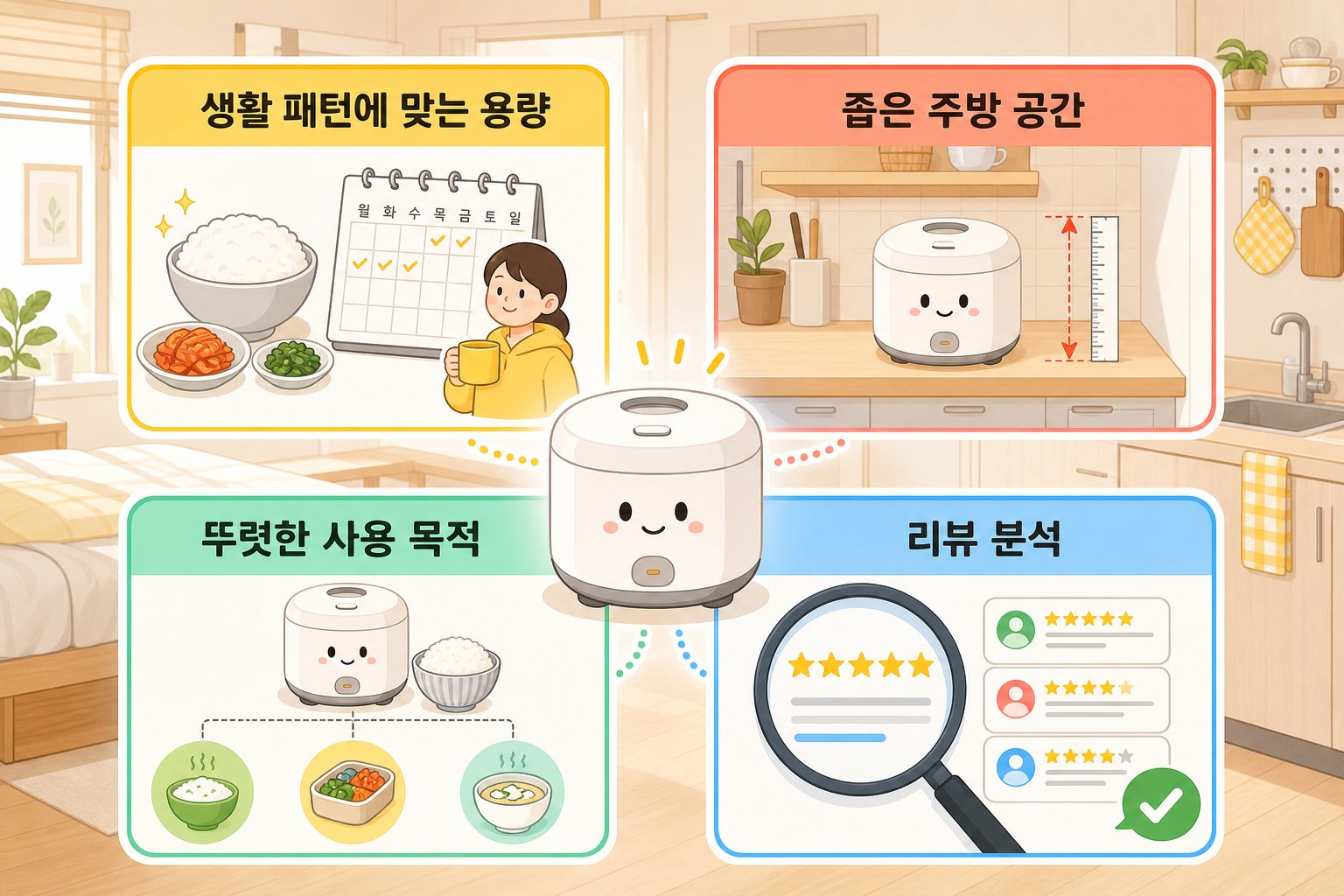 자취생이 미니밥솥을 선택할 때 확인해야 할 용량, 공간, 목적, 후기 4가지 기준을 아이콘과 일러스트로 나타낸 인포그래픽