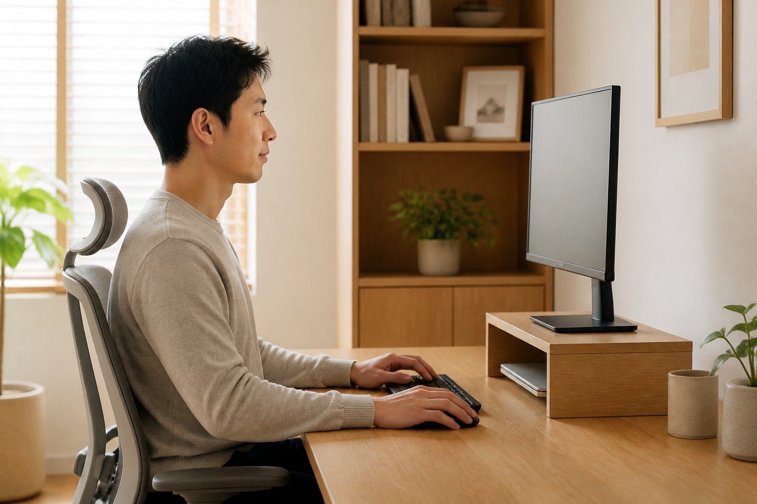 모니터 높이와 눈 높이를 맞춘 올바른 책상 배치도