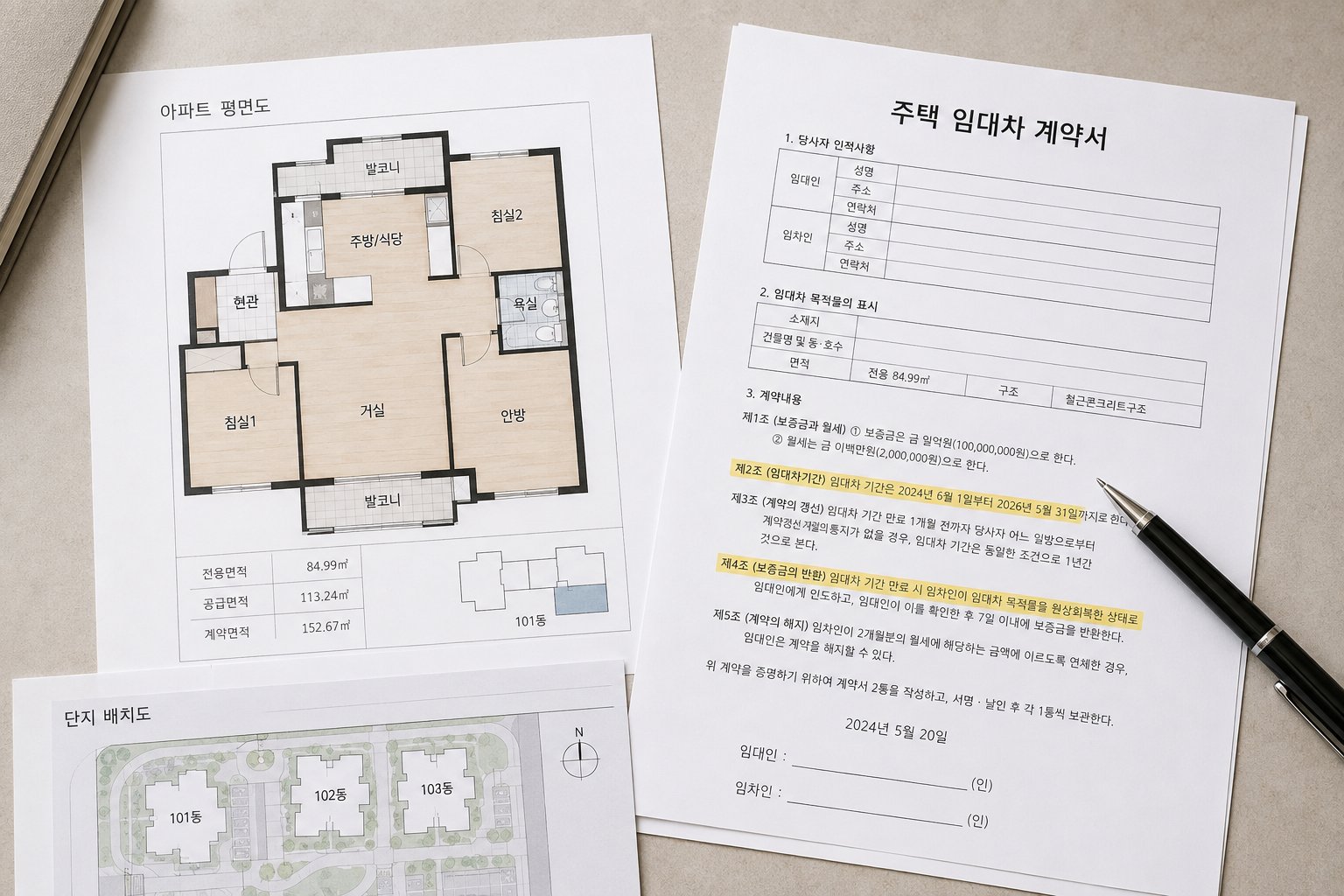 임대차계약서와 아파트 평면도를 확인하고 기록하는 모습