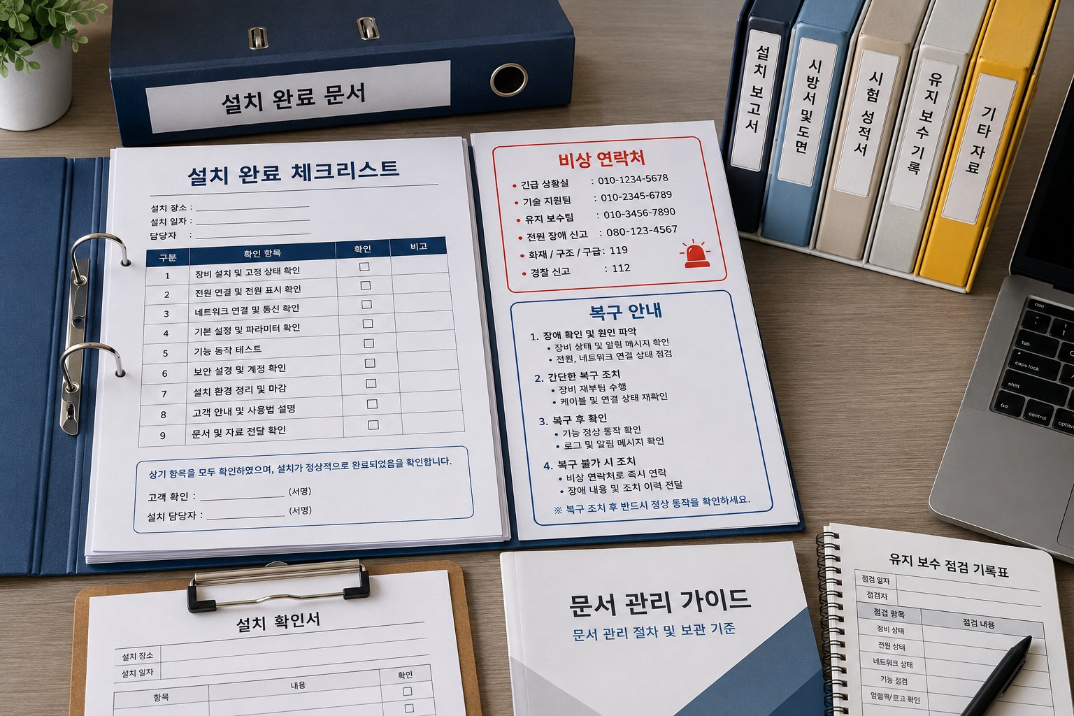 설치 완료 후 원상복구 방법과 긴급 연락처가 정리된 서류