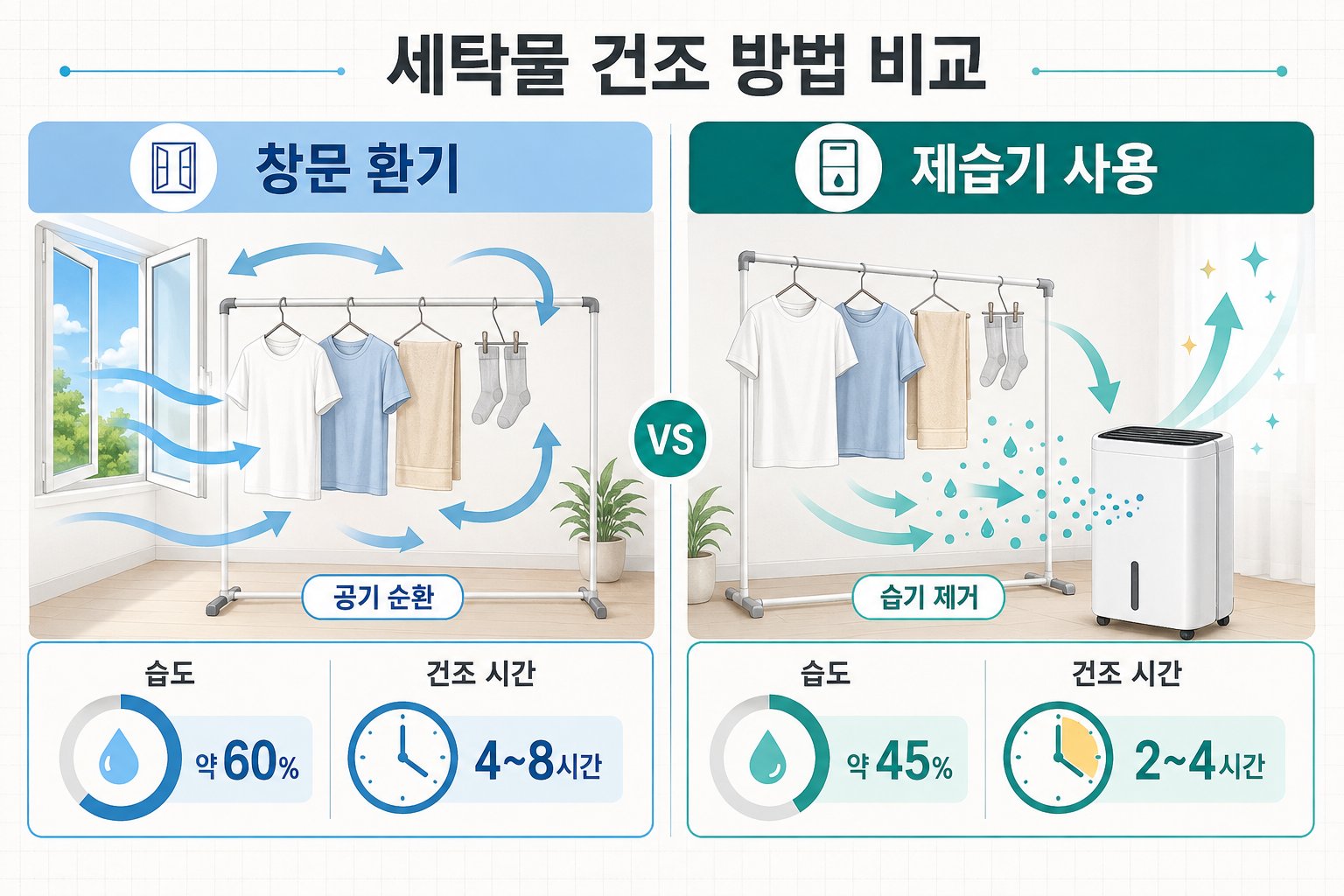 창문 환기와 제습기 효율성 비교 인포그래픽