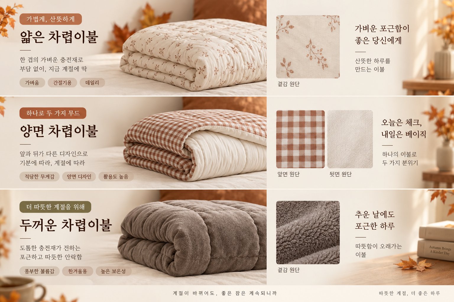 계절별 이불 두께와 타입 비교 (가을 초입·환절기·난방기)