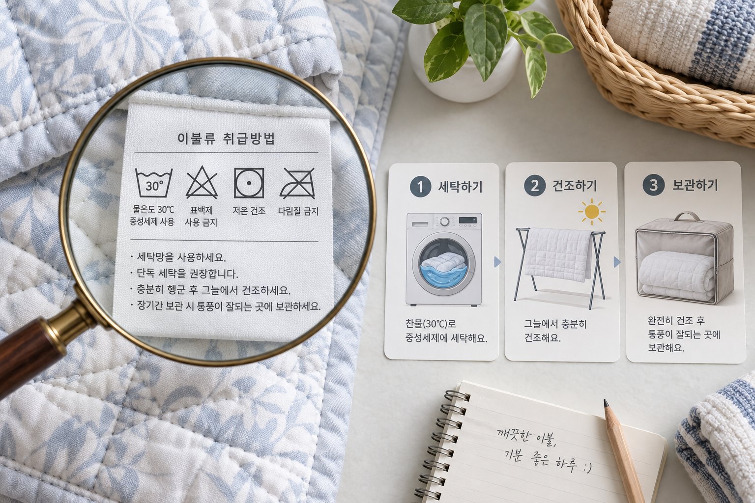 세탁 표시 확인과 이불 세탁 동선 안내