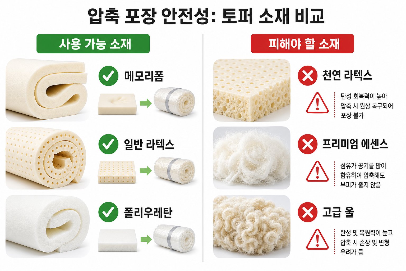 소재별 압축팩 사용 가능 여부 비교 - 가능한 소재와 피해야 할 소재의 시각적 구분