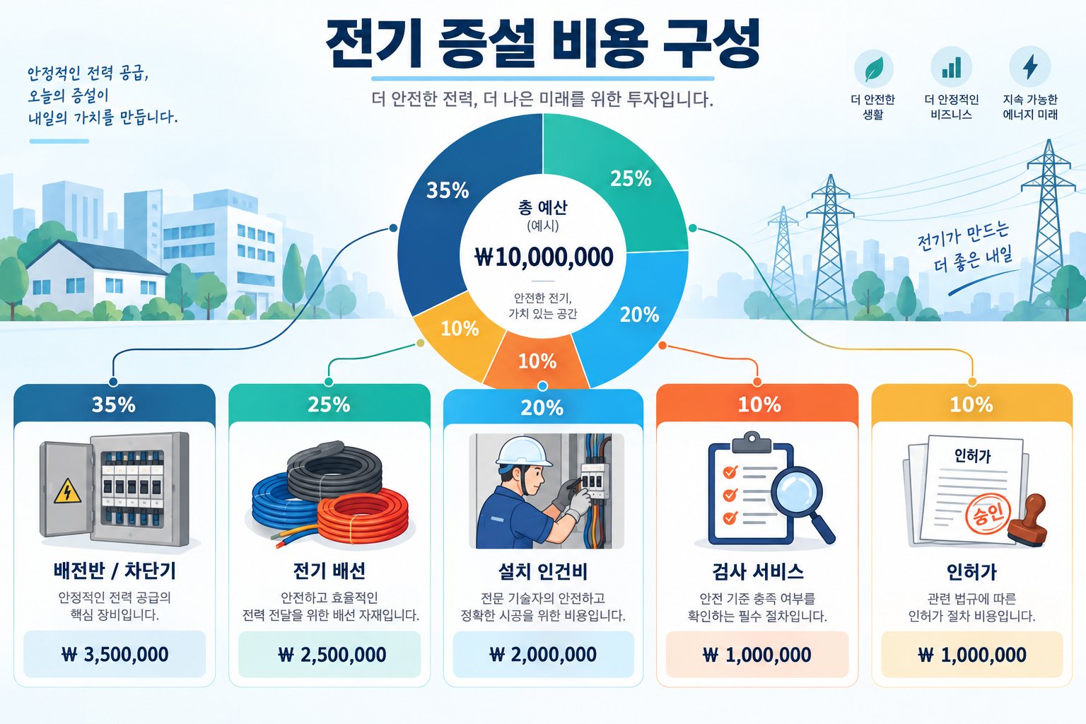 전기 승압 비용을 구성하는 분전반, 전선, 공사비, 검사비, 허가 등의 요소를 나타내는 아이콘과 비용 배분 인포그래픽