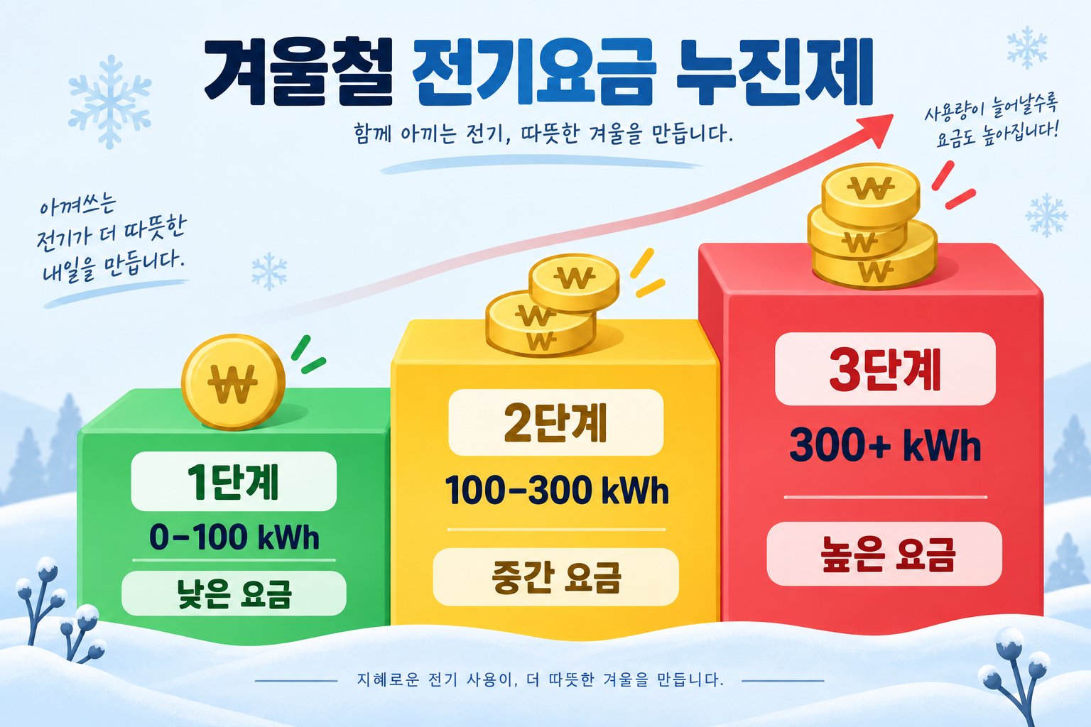 누진 구간별 요금이 0~100kWh 저요금, 100~300kWh 중간요금, 300kWh 이상 고요금으로 단계적으로 올라가는 구조
