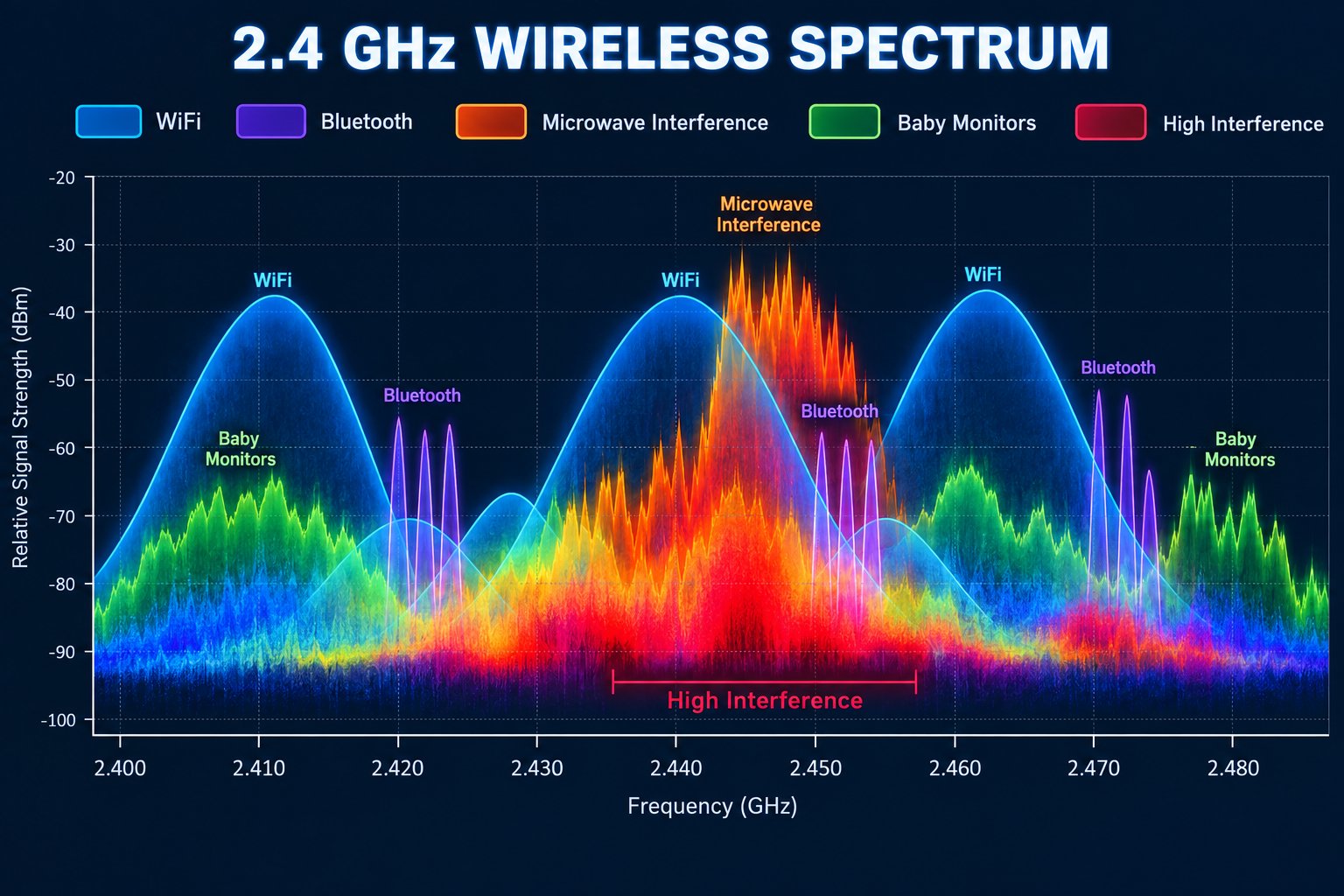 2.4GHz 대역의 무선 간섭과 혼잡한 환경을 나타내는 스펙트럼 다이어그램