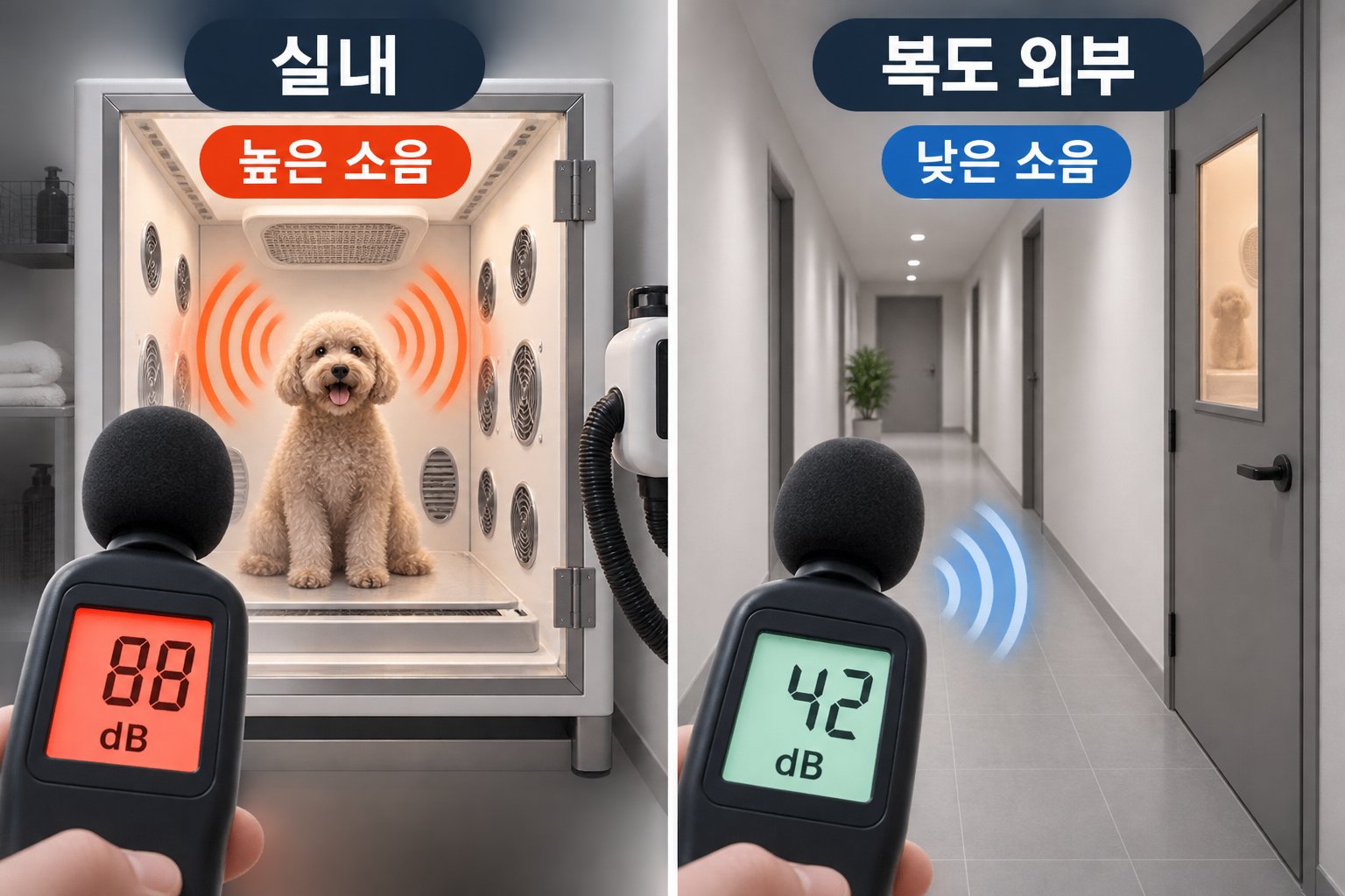 드라이룸 내부와 외부의 소음 수준 차이를 보여주는 인포그래픽