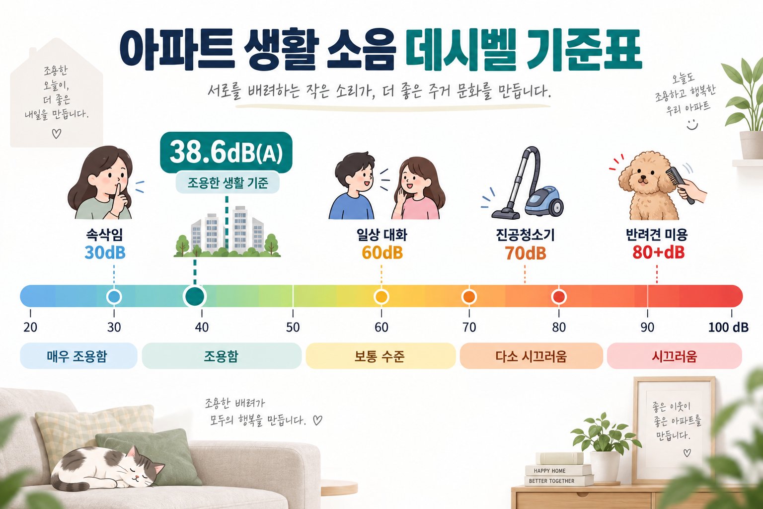 일상 소음과 38.6데시벨의 위치를 비교하는 참고 스케일