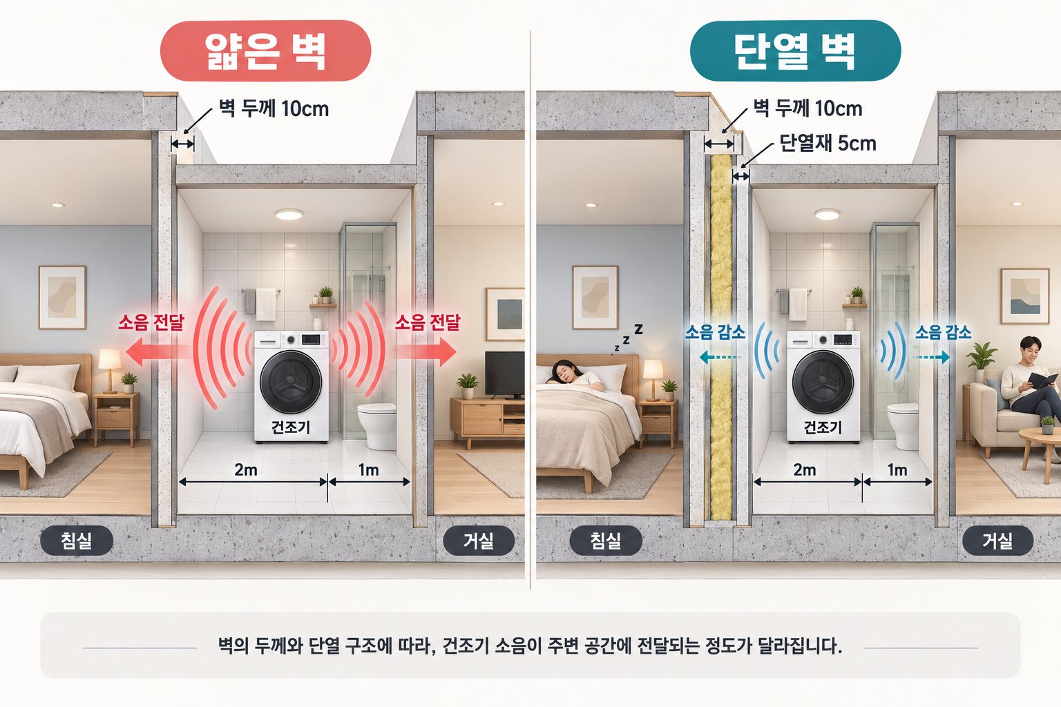 욕실 내 드라이룸 배치와 소음 전달 경로를 보여주는 단면도