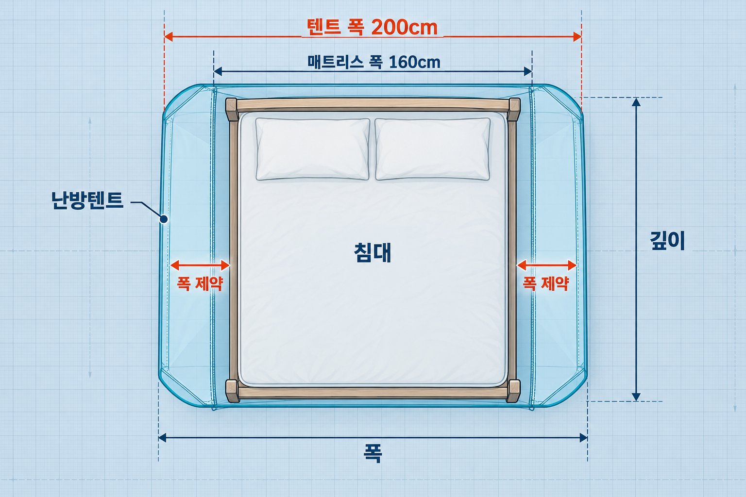 매트리스와 난방텐트의 폭 치수 비교