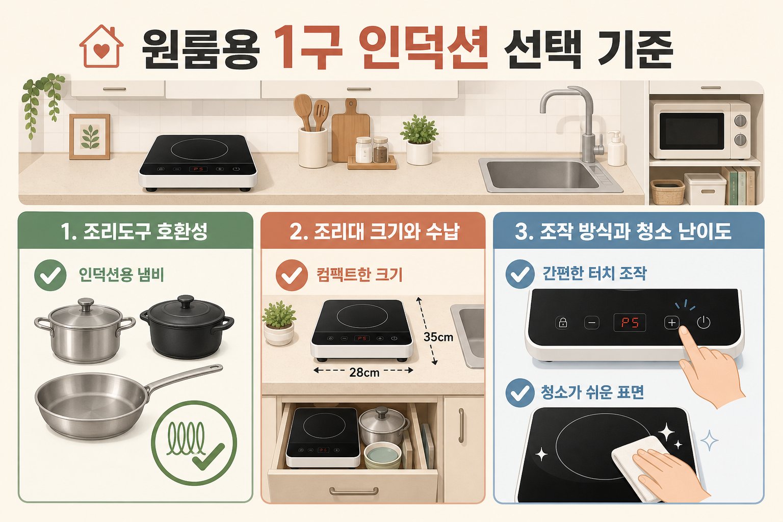 자취방 1구 인덕션 선택 기준 3가지 체크리스트: 냄비 호환성, 상판 크기, 조작 방식