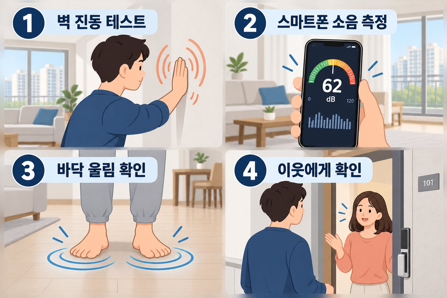 집에서 층간소음을 판정하는 4가지 방법을 보여주는 인포그래픽